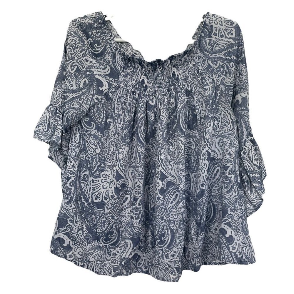Loramendi BOHO Top Tunic Off Shoulder Blue‎ White Paisley Size M